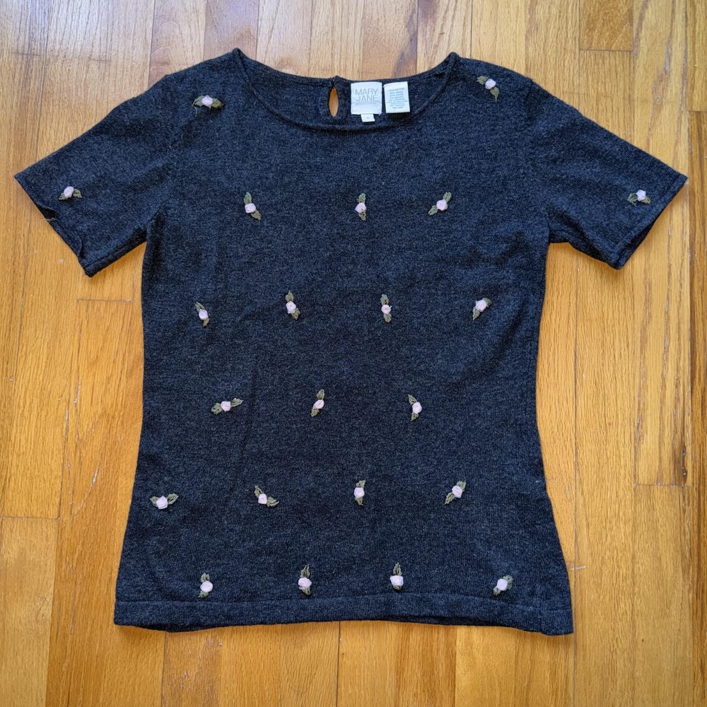 Vintage Mary Jane Sweater‎ S Gray Angora Cashmere Floral Embroidered Girly 90s